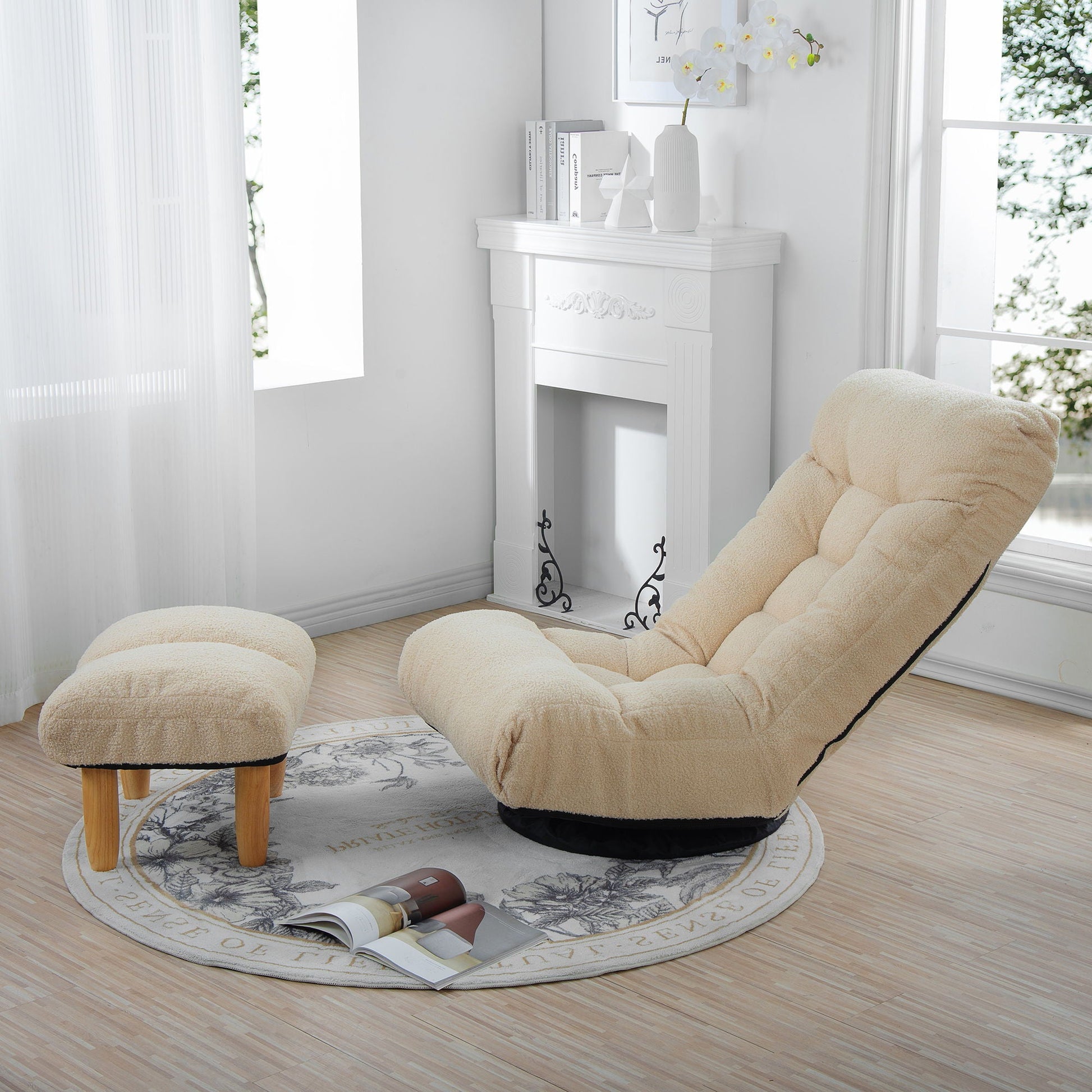HouseOfZazla adjustable reclining floor chair with metal frame in beige upholstery and ottoman on Tampa Home & Garden Store