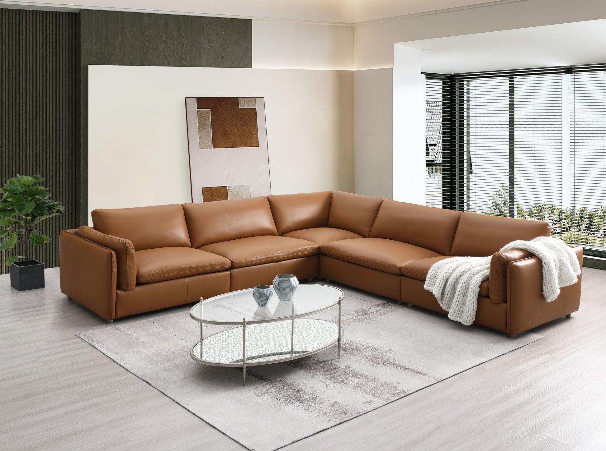 Brighton Top Grain Leather Modular Sectional Light Brown stationary by HouseOfZazla on Tampa Home & Garden Store