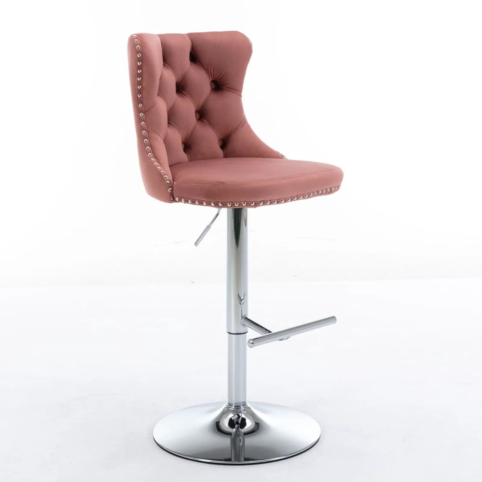 Set of 2 pink velvet swivel bar stools with nailhead trim and chrome pedestal base, height 25–33 in on Tampa Home & Garden Store