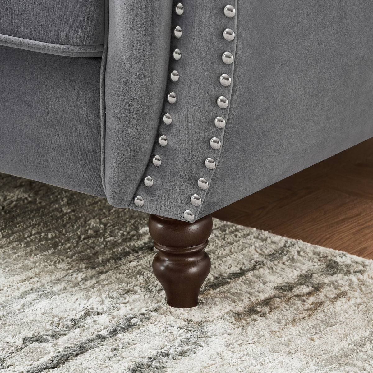 Chesterfield sofa with roll-arm and nailhead trim in gray velvet by HouseOfZazla on Tampa Home & Garden Store
