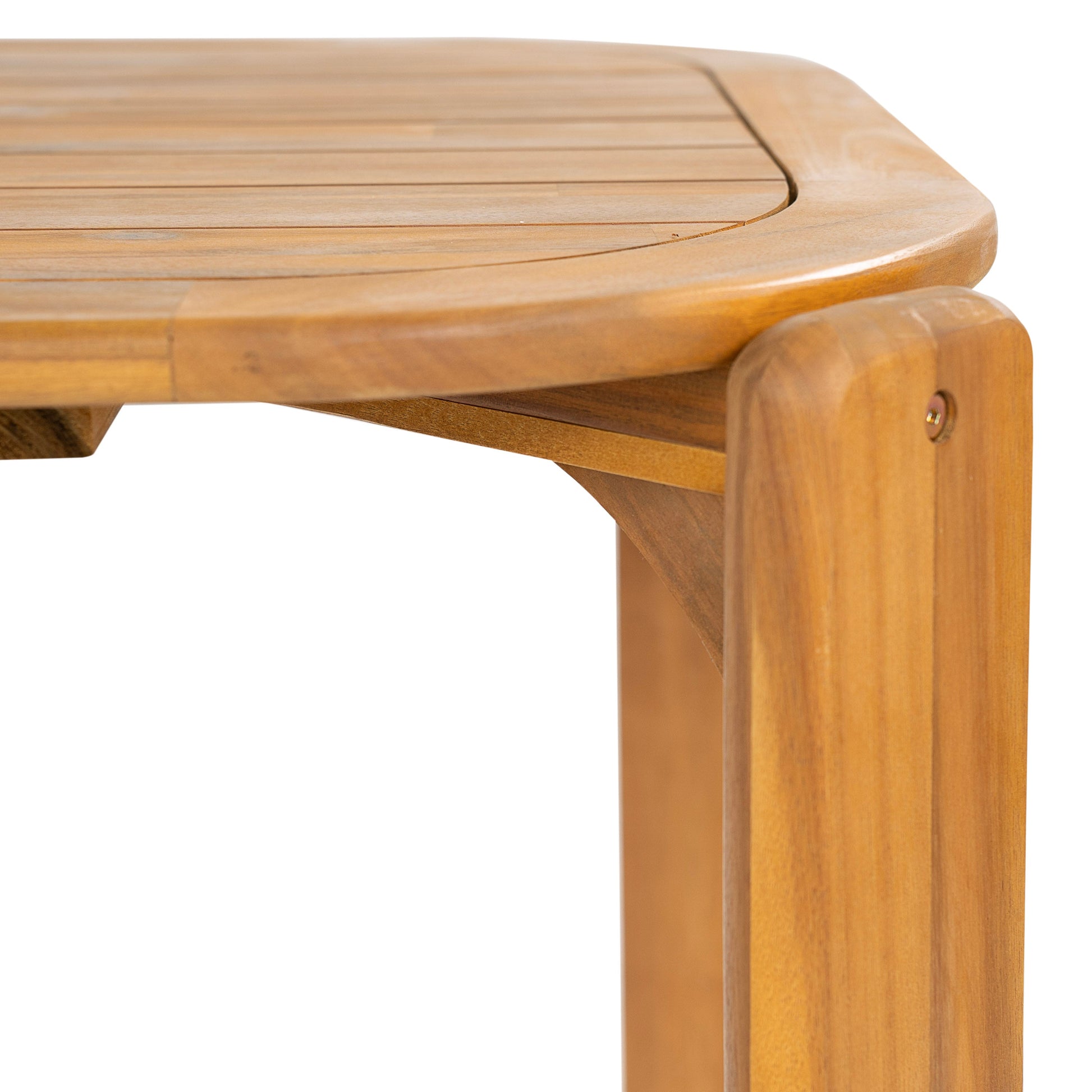 Kaja outdoor acacia wood dining table with teak finish and slat top, rounded edge detail on Tampa Home & Garden Store