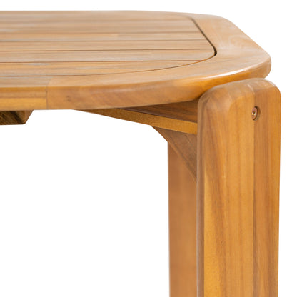 Kaja outdoor acacia wood dining table with teak finish and slat top, rounded edge detail on Tampa Home & Garden Store