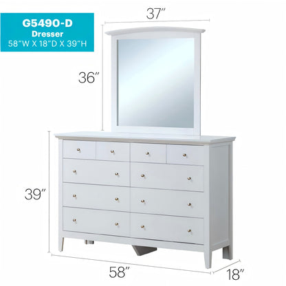 Elegant HouseOfZazla white dresser with mirror, 12 drawers, brass knobs, real wood veneers on Tampa Home & Garden Store