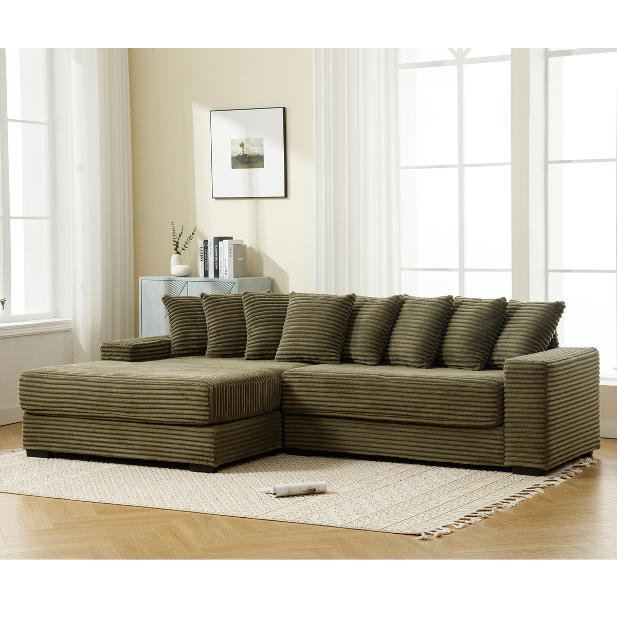 Sofas: HouseOfZazla oversized corduroy sofa with left chaise daybed, brown ribbed fabric on Tampa Home & Garden Store