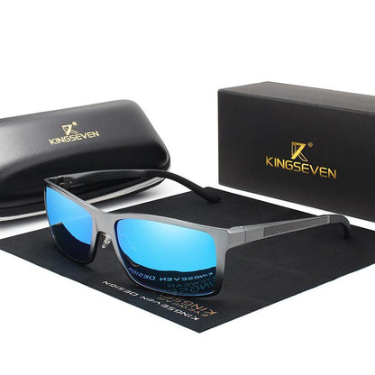 Sunglasses by KingSEVEN, unisex with blue mirrored lenses and gray aluminum-magnesium frame on Tampa Home & Garden Store