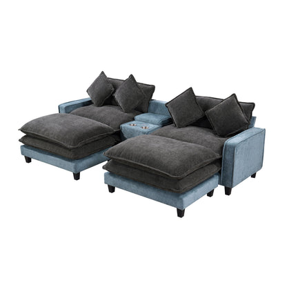 Sectional sofa with removable ottomans in gray and blue, USB ports & cup holders on Tampa Home & Garden Store