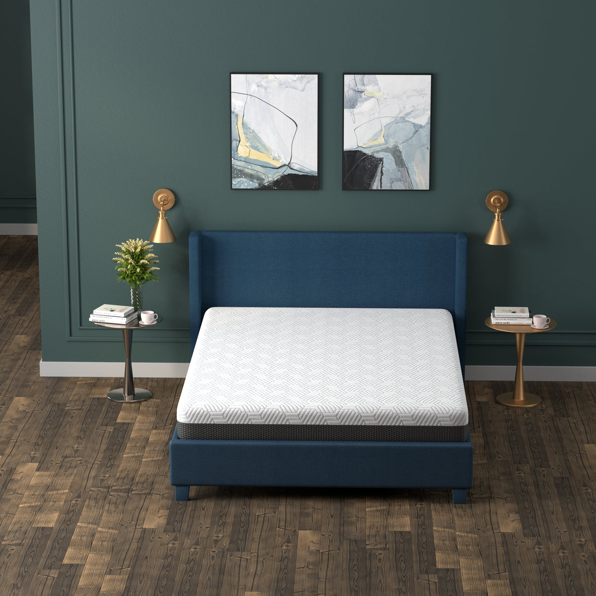 Omne Fria 8 Inch Queen Firm Mattress with Cooling Cover on blue bed in a modern room on Tampa Home & Garden Store
