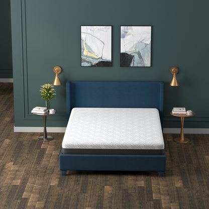 Omne Fria 8 Inch Queen Firm Mattress with Cooling Cover on blue bed in a modern room on Tampa Home & Garden Store