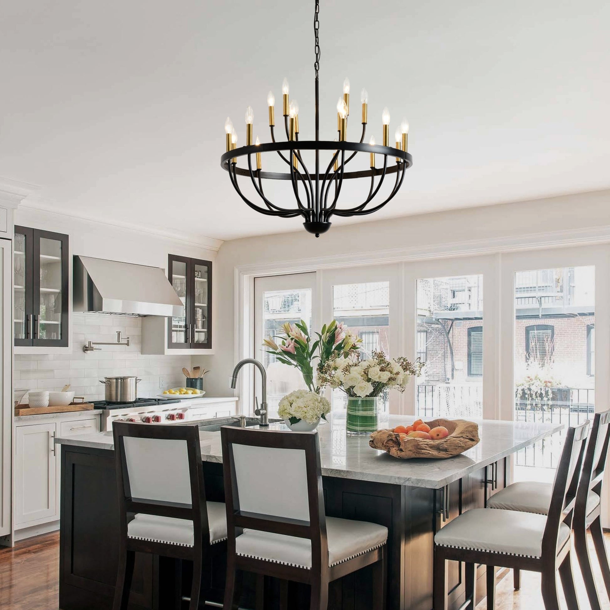 18-Light Iron Candle Chandelier by HouseOfZazla, black iron with gold cups on Tampa Home & Garden Store