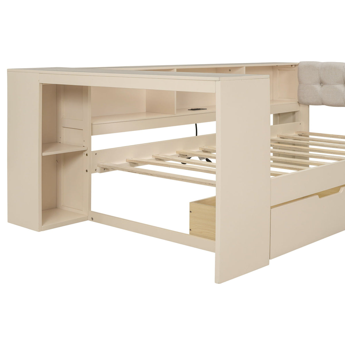 Upholstered headboard platform bed in cream with built-in shelves, drawers and charging dock on Tampa Home & Garden Store
