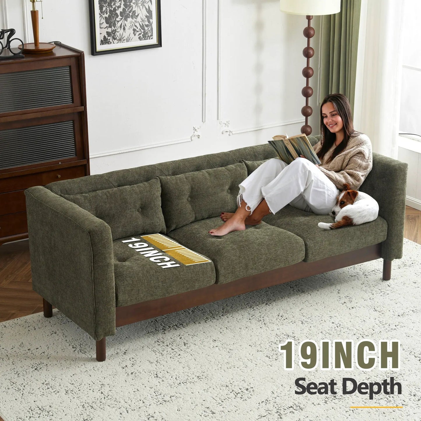 Upholstered 3-seater modern sofa in olive green fabric with tufted design and wooden legs on Tampa Home & Garden Store