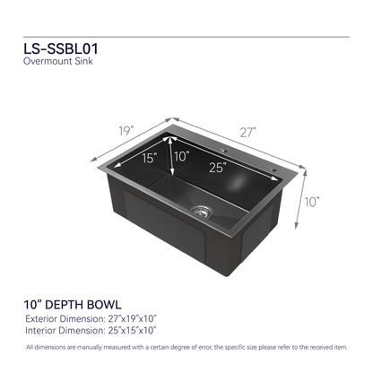 Stainless steel overmount kitchen sink 27x19 in, single bowl with black interior by HouseOfZazla on Tampa Home & Garden Store