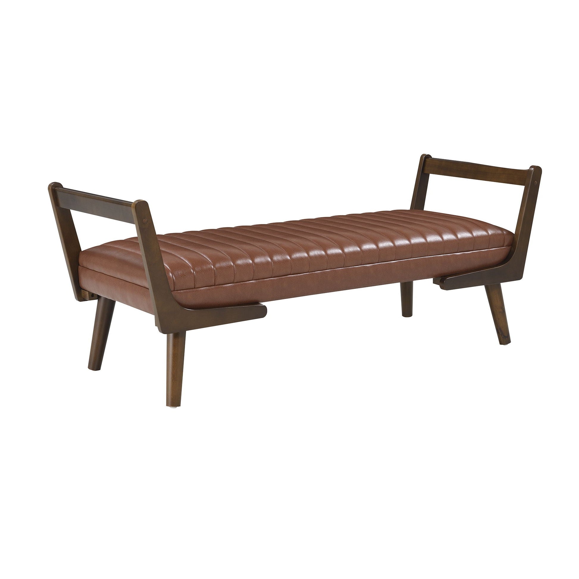 Mid-Century upholstered bench with brown leather seat and wood legs HouseOfZazla on Tampa Home & Garden Store