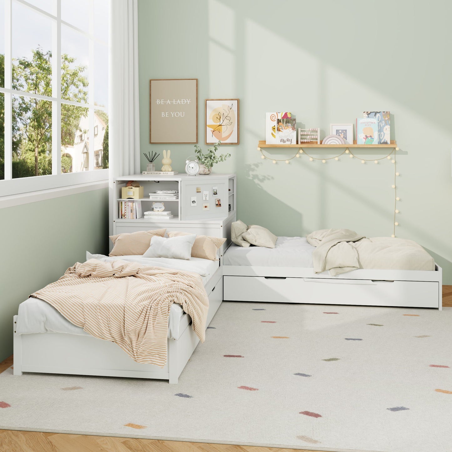Compact L Shaped Bed Frame with Trundle and Desk