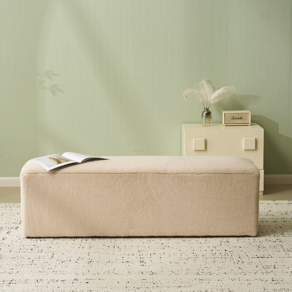 Long plush almond upholstered ottoman with ergonomic seat height on Tampa Home & Garden Store