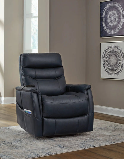 Strawbill Power Lift Recliner in dark gray leather with remote on armrest and side pocket on Tampa Home & Garden Store