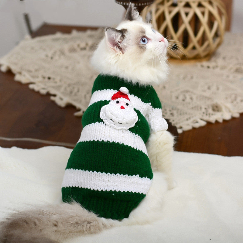 Hairless Cat Warm Sweater by Pet Zen; green and white striped knit with Santa patch on Tampa Home & Garden Store