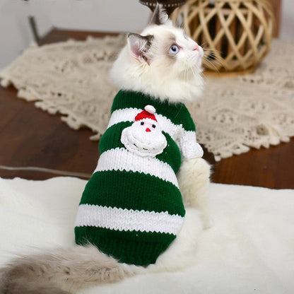Hairless Cat Warm Sweater by Pet Zen; green and white striped knit with Santa patch on Tampa Home & Garden Store