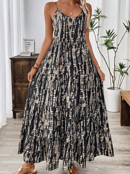 Stevvex Elegant Black Printed Maxi Dress, sleeveless with beige abstract print, floor-length on Tampa Home & Garden Store