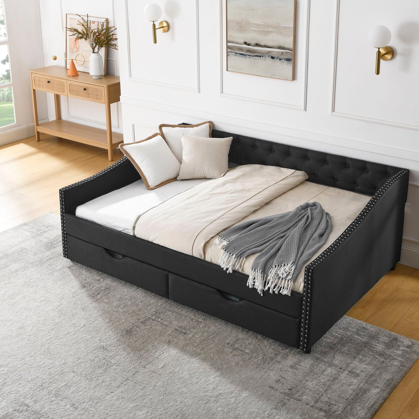 Upholstered Tufted Daybed with Storage Drawers