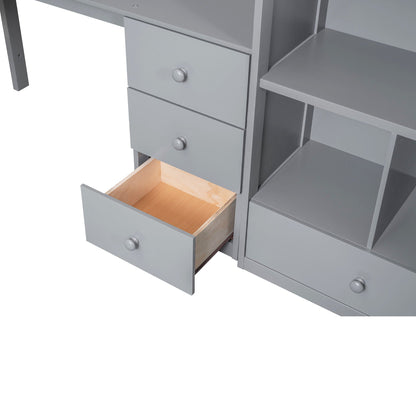 Loft Bed With L Shaped Desk, drawers and storage cabinet in gray finish; open drawer on Tampa Home & Garden Store