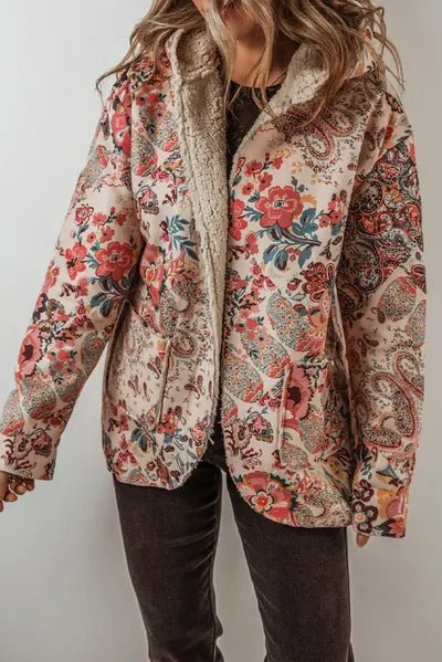 Vintage autumn printed hooded jacket in beige with floral paisley pattern and faux fur lining on Tampa Home & Garden Store