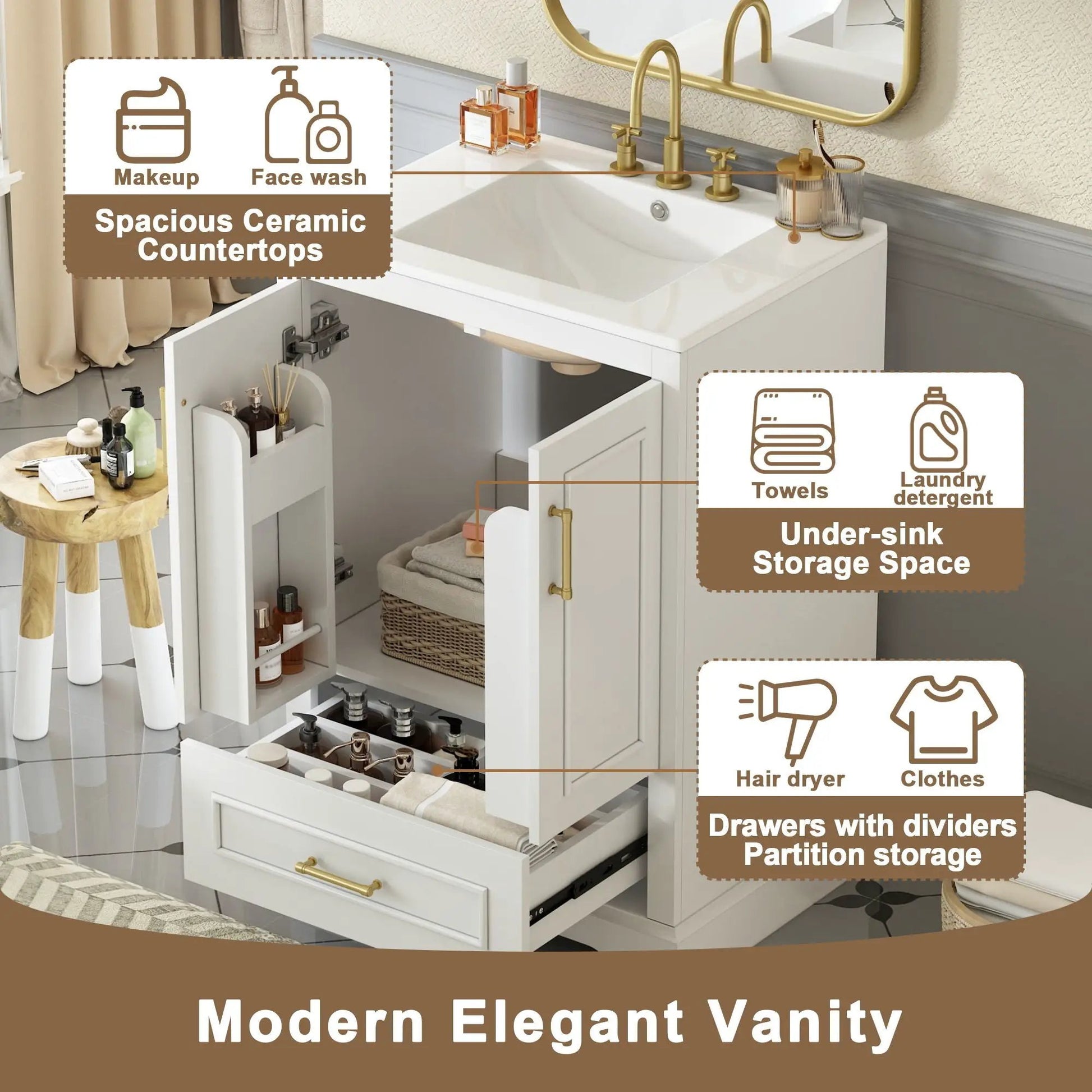 Bathroom vanity with sink, 1 divided drawer and 2 soft-close doors with double shelf on Tampa Home & Garden Store