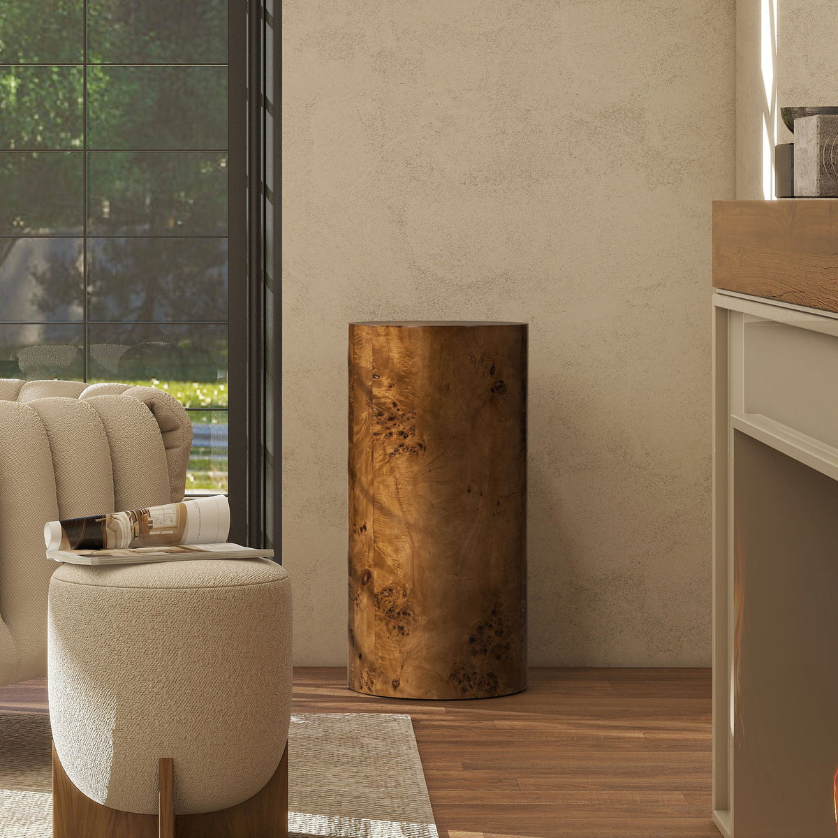 Nebula Accent Pillar Side Table Burl Wood Veneer in brown finish HouseOfZazla on Tampa Home & Garden Store