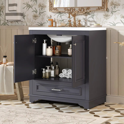 Bathroom vanity with sink dark gray cabinet white top brass faucet 2 soft-close doors shelf on Tampa Home & Garden Store
