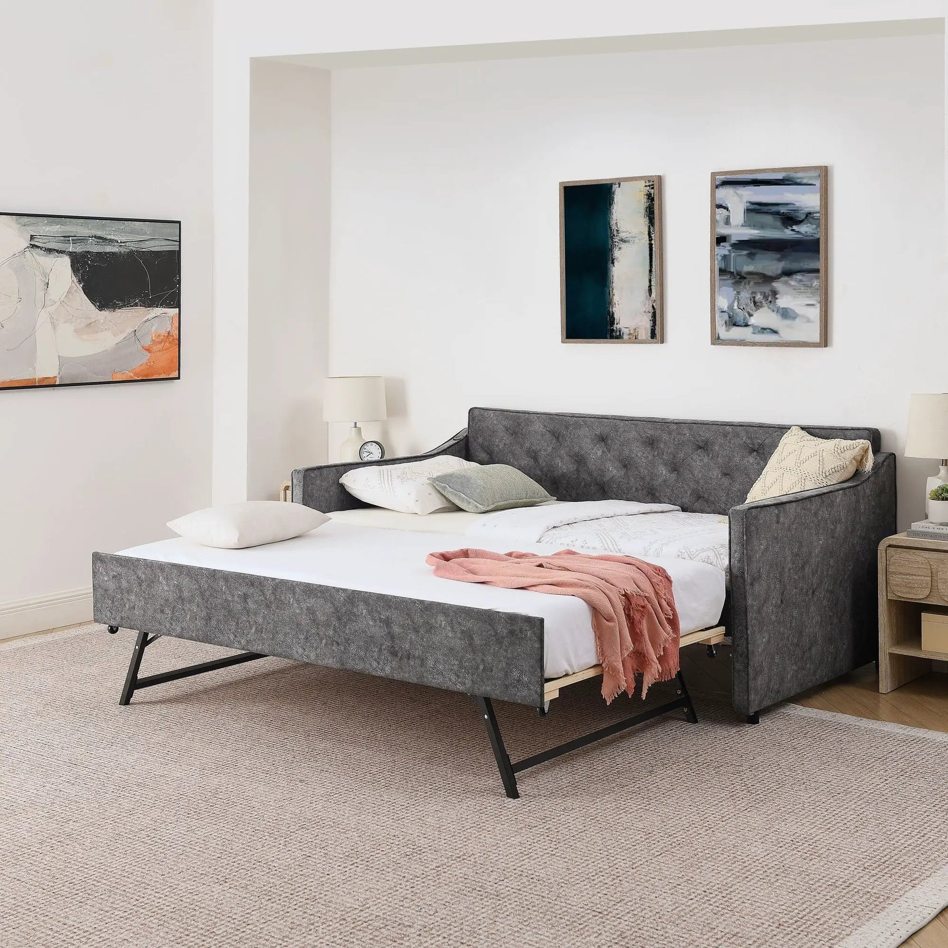 Daybed with pop-up trundle and USB charging armrest, gray upholstered, white mattress on Tampa Home & Garden Store
