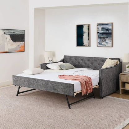 Daybed with pop-up trundle and USB charging armrest, gray upholstered, white mattress on Tampa Home & Garden Store