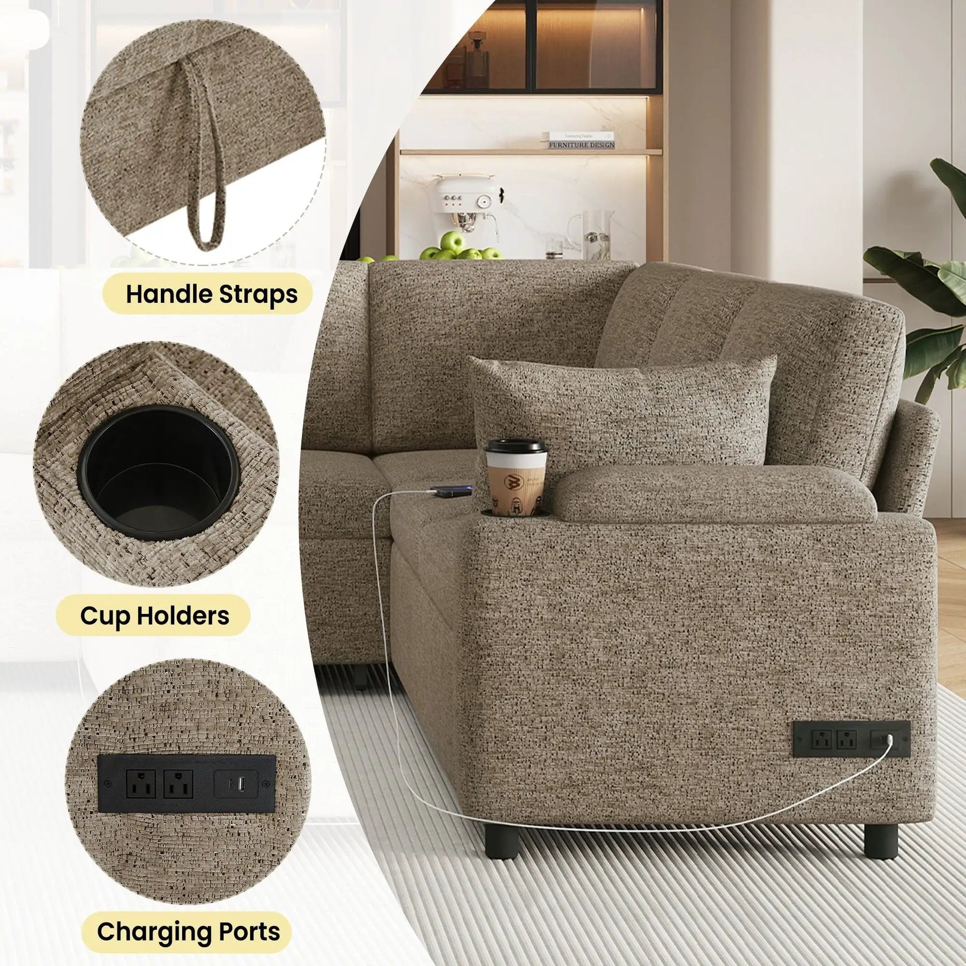 U-Shaped Sectional Sofa Bed brown fabric with storage, cup holders, charging ports on Tampa Home & Garden Store