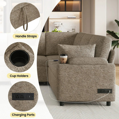 U-Shaped Sectional Sofa Bed brown fabric with storage, cup holders, charging ports on Tampa Home & Garden Store