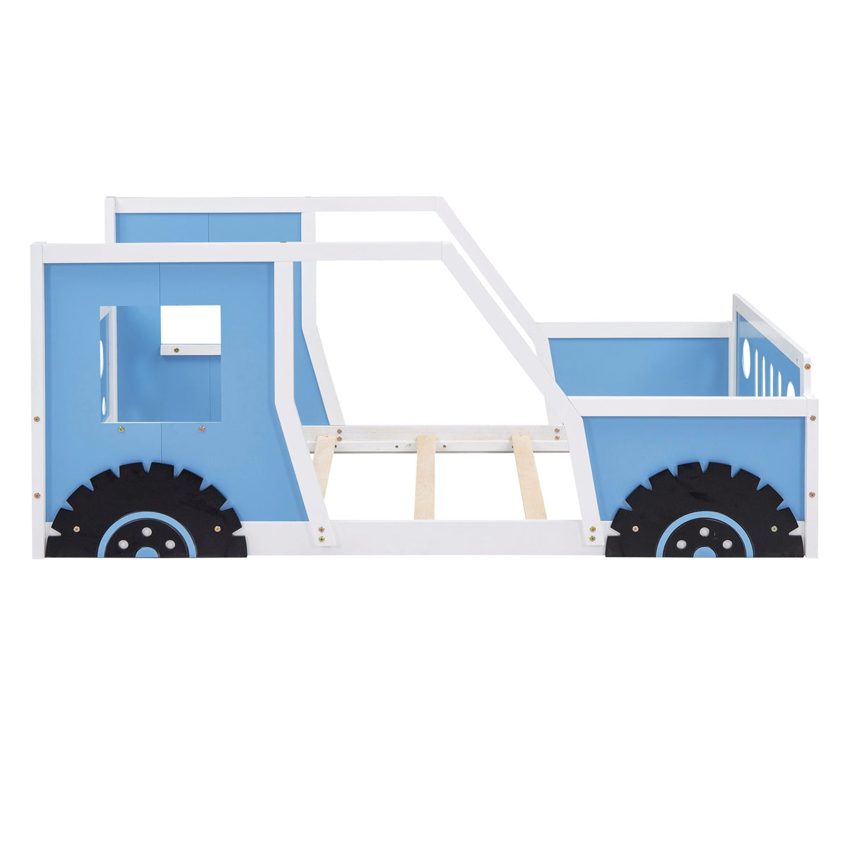 Classic car shaped platform bed with blue panels and white frame, wheel gear accents on Tampa Home & Garden Store