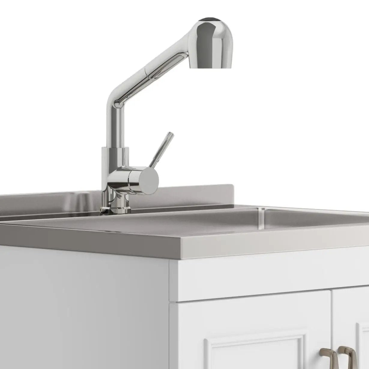 Cardinal laundry cabinet with chrome faucet and white wood vanity on Tampa Home & Garden Store