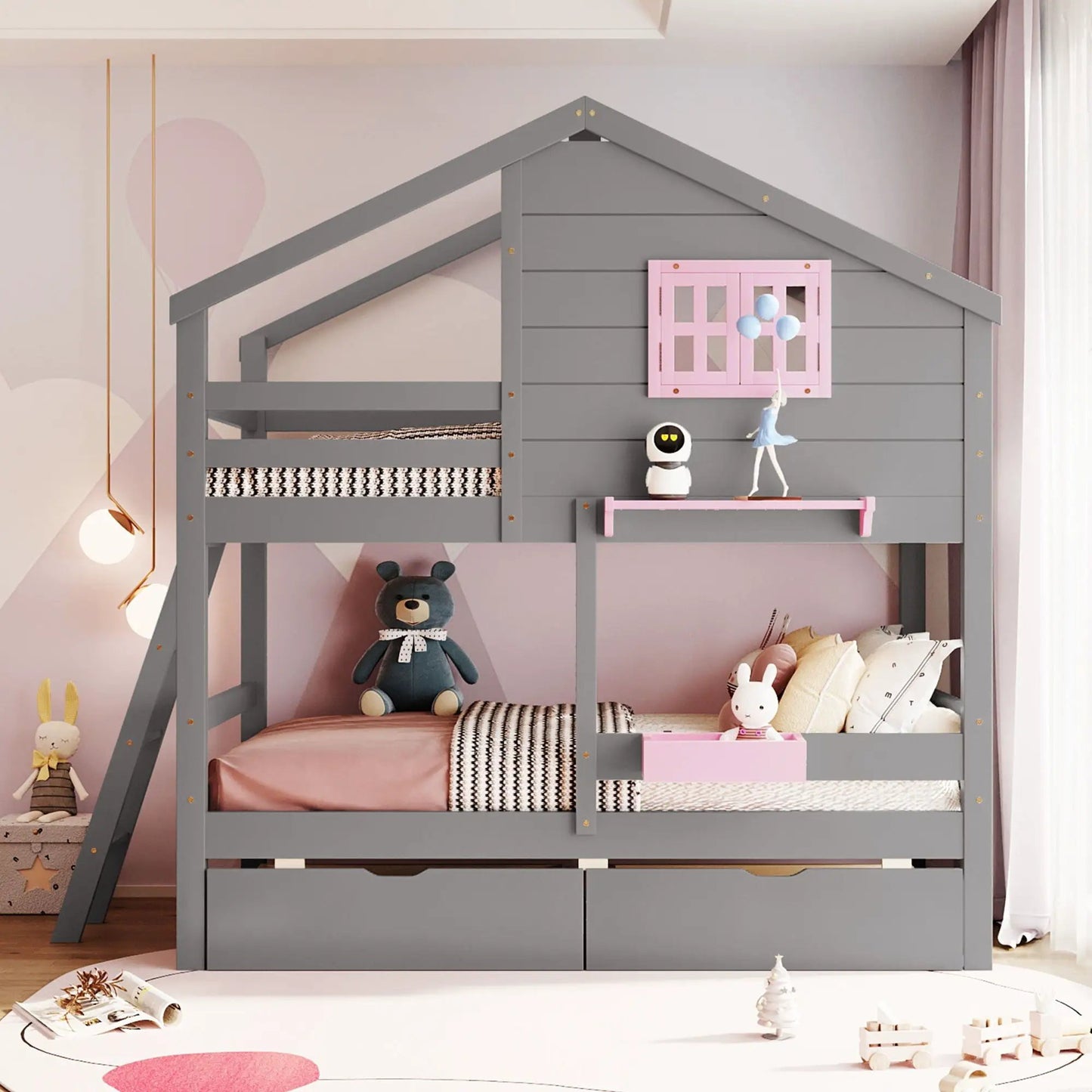 Bunk bed with playhouse roof and pink panel, gray frame, Unique Piece Furniture on Tampa Home & Garden Store