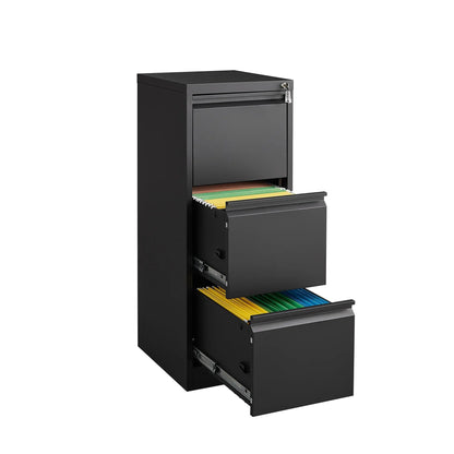 Black metal 3-drawer filing cabinet with lock by Unique Piece Furniture, hanging folders on Tampa Home & Garden Store