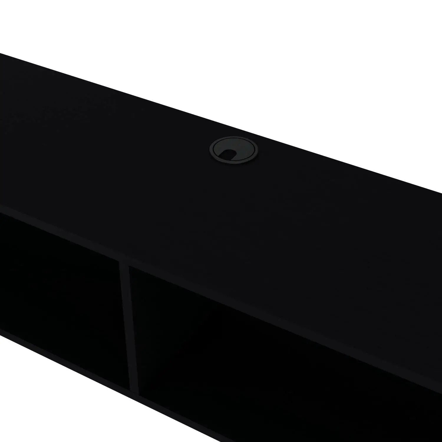 Moore Floating TV Stand, black wood finish top with round cable grommet for cable management on Tampa Home & Garden Store