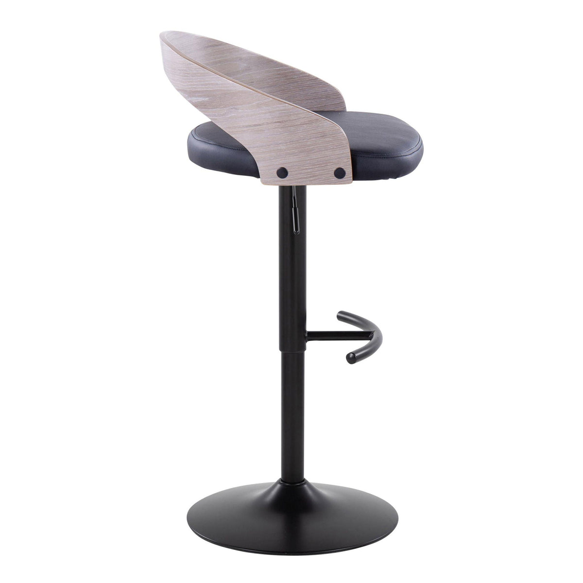 Adjustable swivel barstool with cushioned black seat and curved wood backrest footrest on Tampa Home & Garden Store