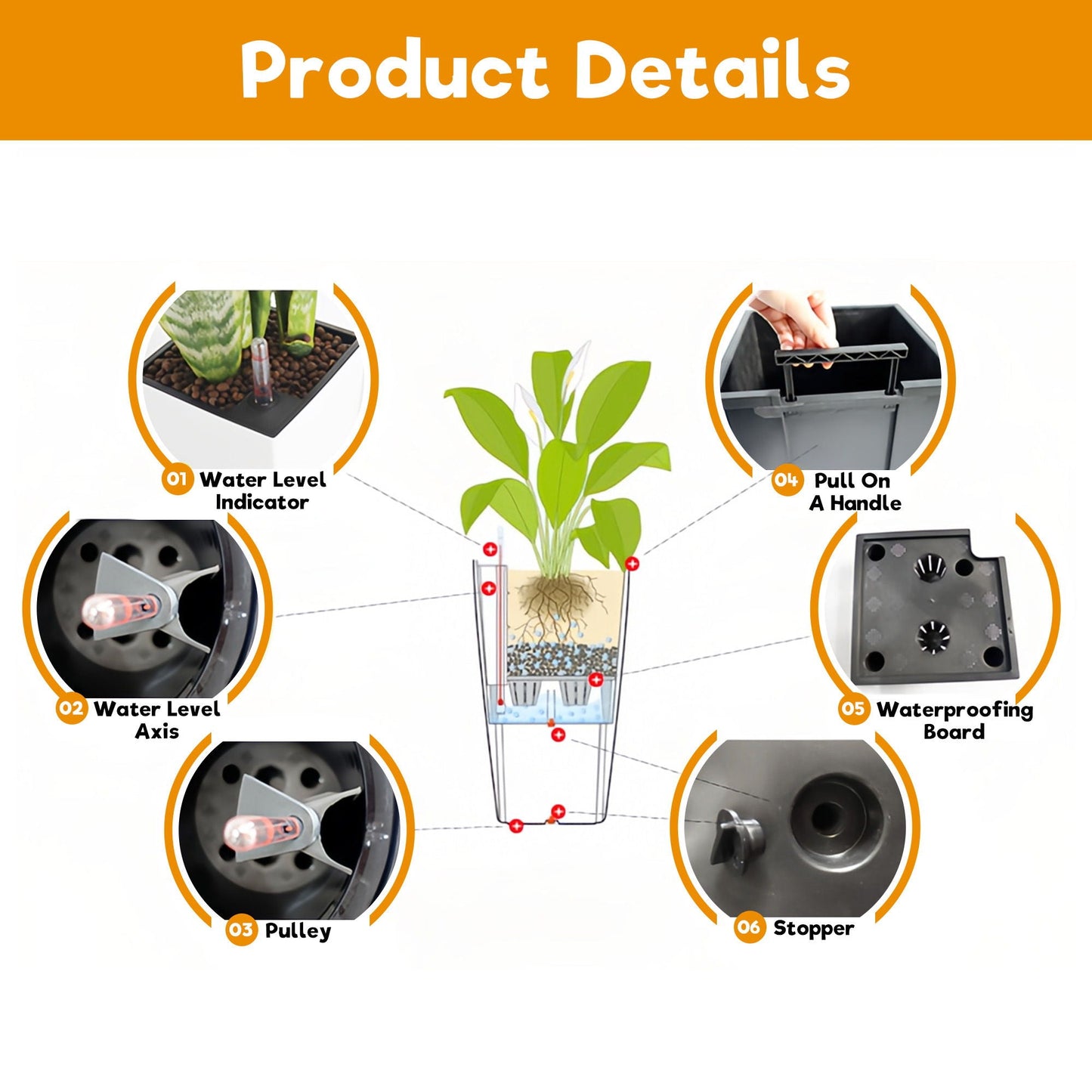 Tall Planters set with water level monitor and auto watering by HouseOfZazla, 6 component parts infographic on Tampa Home & Garden Store