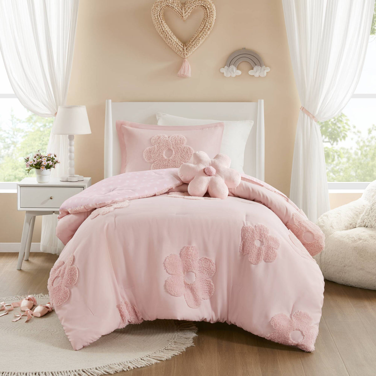 3-Piece Twin Floral Reversible Tufted Chenille Comforter Set in pink by HouseOfZazla on Tampa Home & Garden Store