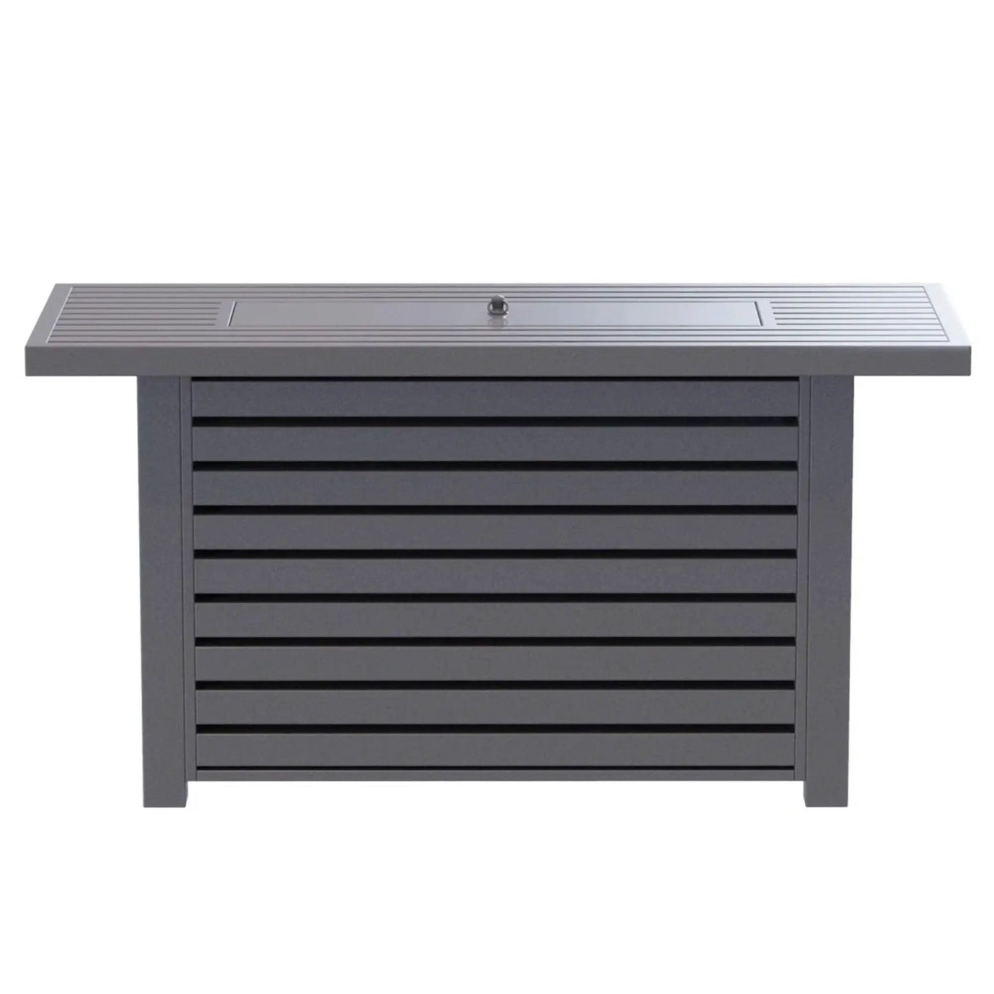 Propane outdoor fire pit table with lid, dark gray metal slats, Unique Piece Furniture on Tampa Home & Garden Store