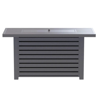 Propane outdoor fire pit table with lid, dark gray metal slats, Unique Piece Furniture on Tampa Home & Garden Store