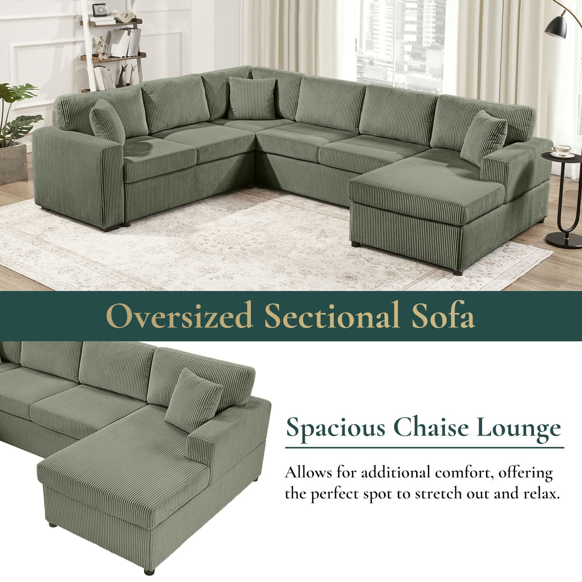 Oversized U-shaped sectional sofa in olive-green corduroy with chaise and three pillows on Tampa Home & Garden Store