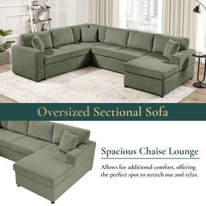 Oversized U-shaped sectional sofa in olive-green corduroy with chaise and three pillows on Tampa Home & Garden Store