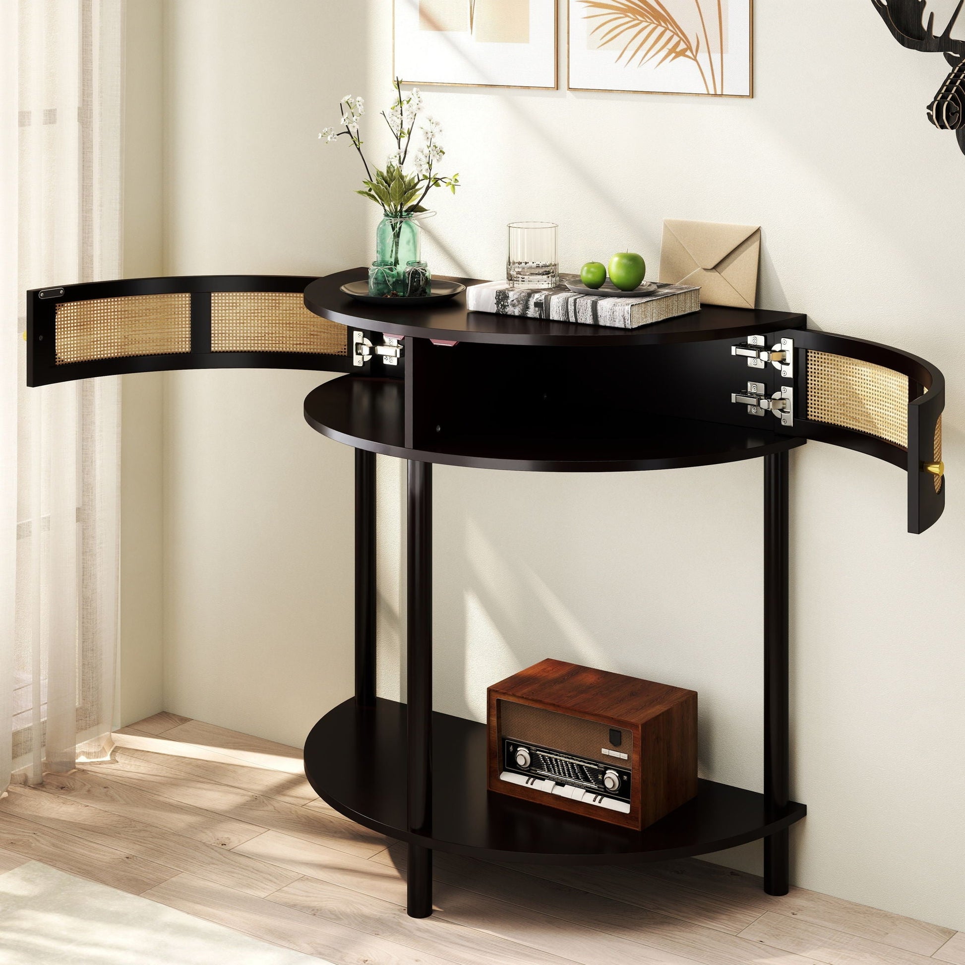 Boho rattan semi-circle end table by HouseOfZazla with sliding door, storage and shelf on Tampa Home & Garden Store