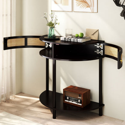 Boho rattan semi-circle end table by HouseOfZazla with sliding door, storage and shelf on Tampa Home & Garden Store