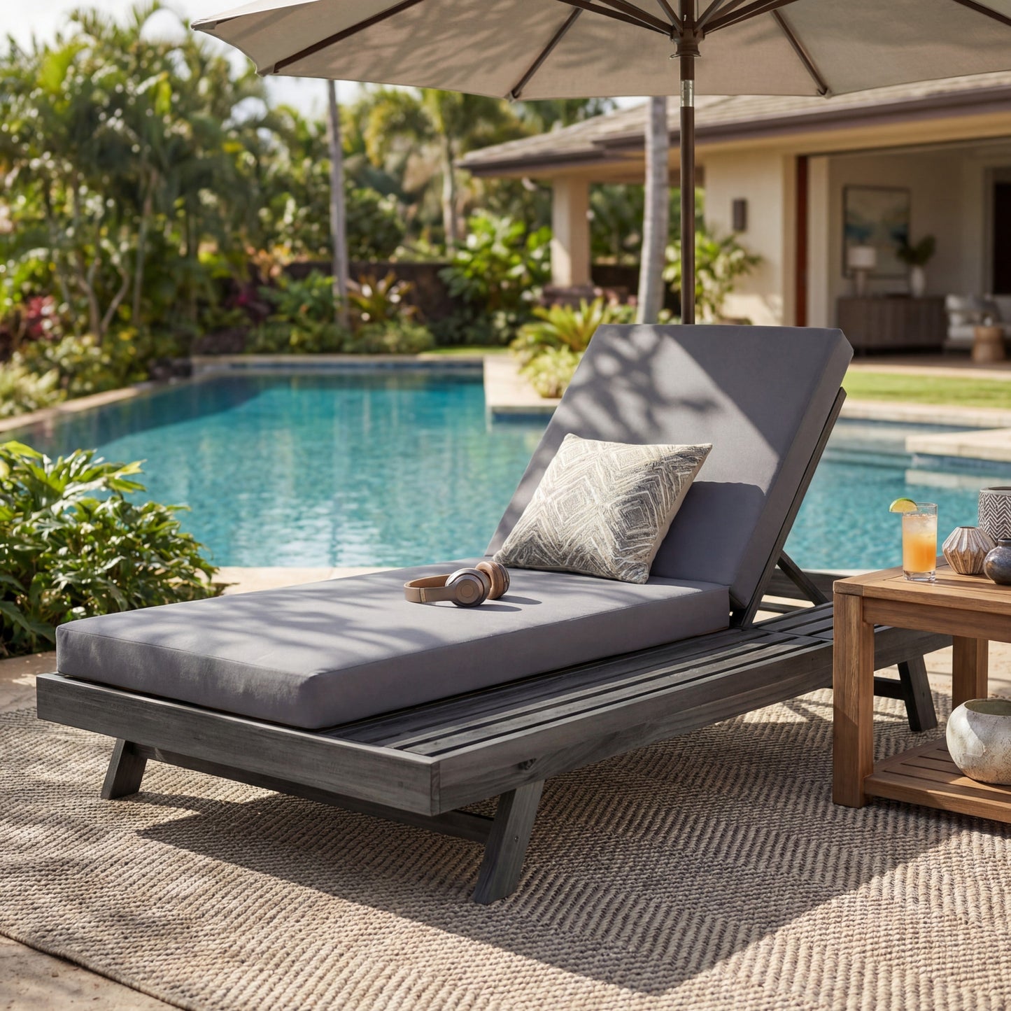 Outdoor chaise lounge in black acacia wood with gray water-resistant cushions by HouseOfZazla on Tampa Home & Garden Store