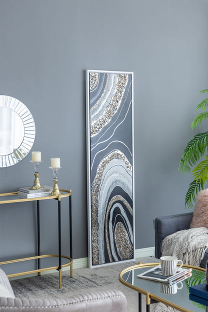Elongated rectangle wall art with silver frame with multicolor geode swirls gray white gold on Tampa Home & Garden Store