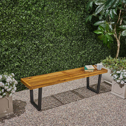 Intrinsic Outdoor Dining Bench With Slat Top wooden slats and black metal legs on Tampa Home & Garden Store